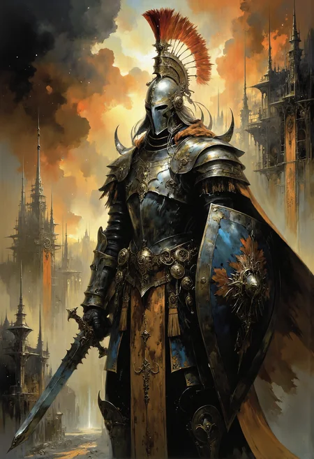 knight. war helmet with visor. sword and shield, battle ready, epic, glorification, heroic <lora:Warhammer_Rogue_Trader_Style_flux-000021.safetensors:0.75>, <lora:artisketchyfs-v02.safetensors:0.5>, <lora:Elden_Ring_-_Yoshitaka_Amano.safetensors:1.0>, <lora:Ethereal Grace - s1 g4.safetensors:0.5>,