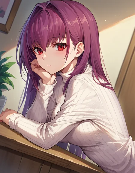 score_9, score_8_up, score_7_up, source_anime,
scathach, <lora:scathach-ponyxl-lora-nochekaiser:1>,
scathach, long hair, purple hair, red eyes,
long sleeves, ribbed sweater, sweater, turtleneck, turtleneck sweater, white sweater,
indoors, bent over,
looking at viewer, dutch angle, cowboy shot,