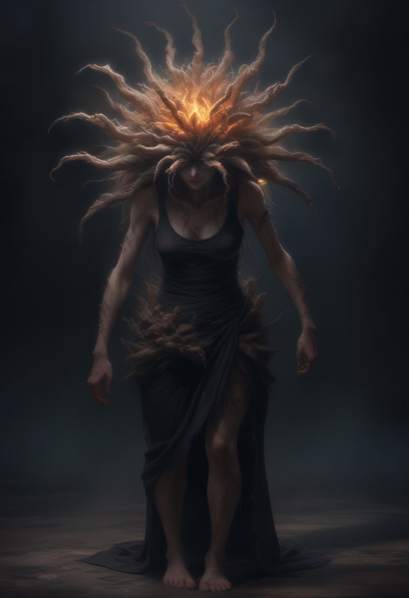 Slender figure, Black Tank top shirt, Dirty long skirt, Hunched over, Ragged clothing, Huge Lump on back, Growth on back, Hunched back, Long black hair, Glowing Sores on back, Long limbs, Cordyceps1024, a human turned into a monster, full body, wet, dark, horror, low light, Blank background, detailed eyes, Long hair, highly detailed , photography, ultra sharp, bokeh, professional, 4k, highly detailed, <lora:add-detail-xl:1.5> <lora:Cordyceps1024:0.7>
A humanoid zombie is hunched over while carrying a large lump on her back with several growths are glowing orange,