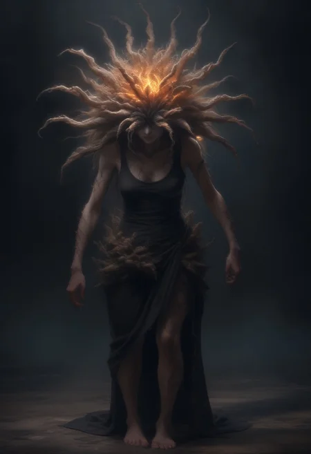 Slender figure, Black Tank top shirt, Dirty long skirt, Hunched over, Ragged clothing, Huge Lump on back, Growth on back, Hunched back, Long black hair, Glowing Sores on back, Long limbs, Cordyceps1024, a human turned into a monster, full body, wet, dark, horror, low light, Blank background, detailed eyes, Long hair, highly detailed , photography, ultra sharp, bokeh, professional, 4k, highly detailed, <lora:add-detail-xl:1.5> <lora:Cordyceps1024:0.7>
A humanoid zombie is hunched over while carrying a large lump on her back with several growths are glowing orange,