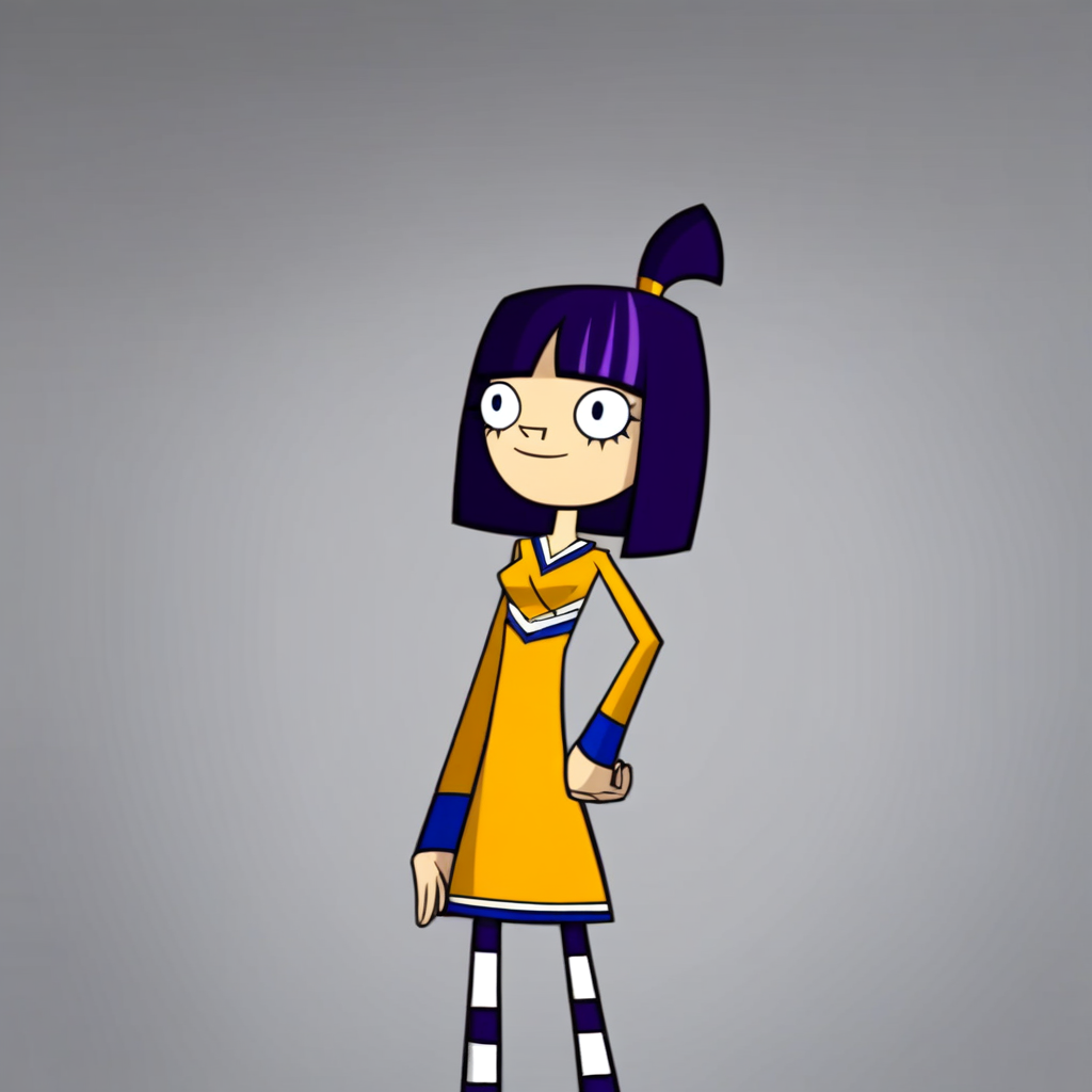 short hair, solo, blue eyes, ponytail, long sleeves, , gold hair band, gold cheerleader uniform, 1girl, purple hair, Theresa Fowler, black and white stripe pattern leggings