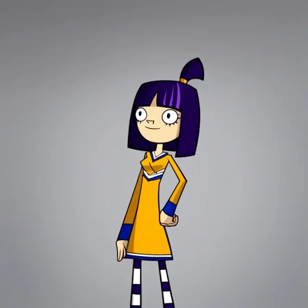 short hair, solo, blue eyes, ponytail, long sleeves, , gold hair band, gold cheerleader uniform, 1girl, purple hair, Theresa Fowler, black and white stripe pattern leggings