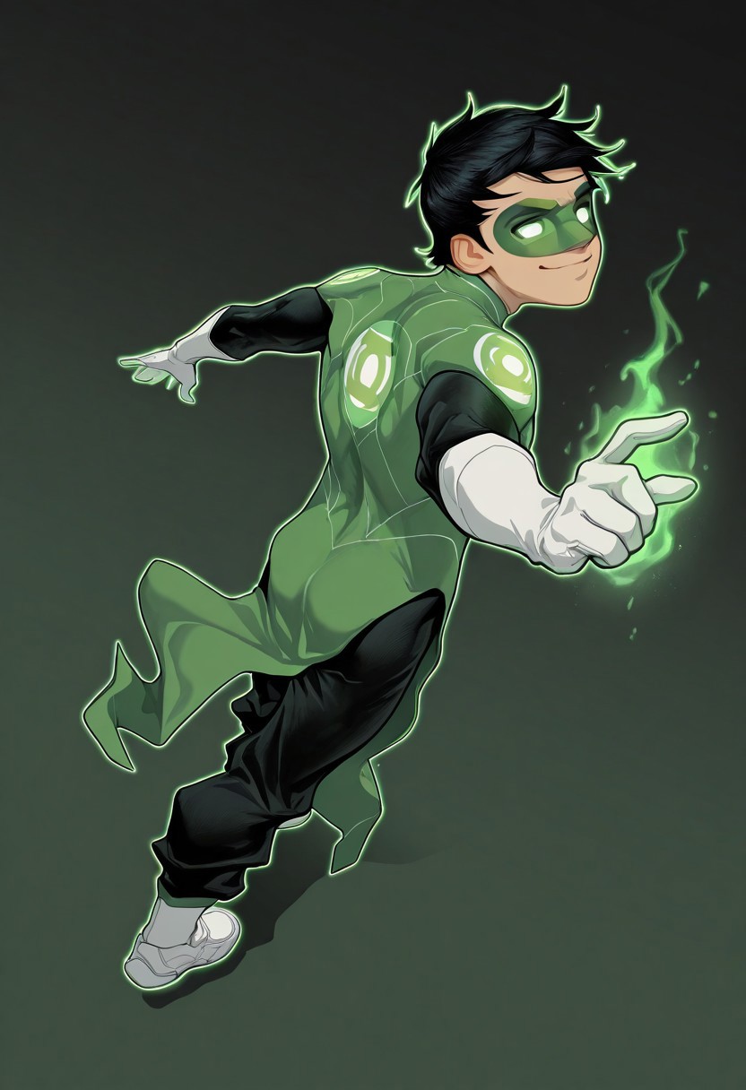 masterpiece, absurdres, high quality, perfect anatomy, 1boy, solo, cute boy, male focus, TaiPham, Black Hair, Green Lantern Ring, Green Lantern Costume, Green and Black Bodysuit, Green Domino Mask, White Eyes, White Gloves, Pelvic Curtain, Black Pants, White Shoes, Glowing Green Outline, Green Energy Aura, floating, levitating, big smile, cinematic, intricately detailed illustration, depth of field, masterpiece, best quality, amazing quality, very aesthetic, absurdres, newest, very awa,  shadow, dynamic angle, casual cosplay, dynamic pose, simple background, green theme, beitemian style, from behind, looking back
