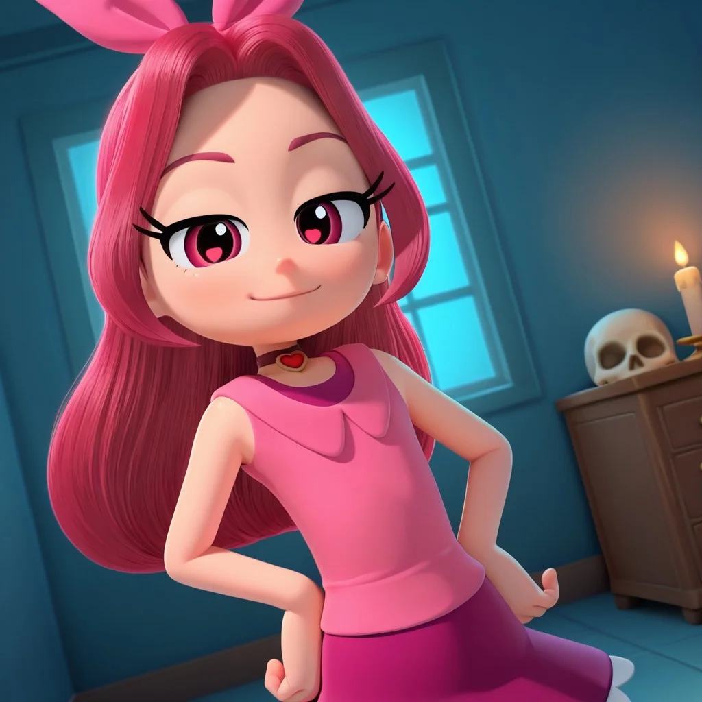 Red_Ruby, 1girl, solo, fair skin, pinkish-red eyes, long hair, pinkish-red hair, pinkish-red headband, purplish-red dress, pinkish-red vest, red heart choker, purplish-pink leggings, white socks, purplish-red shoes,  (light smile,dutch angle, Hands on hips,naughty pose, looking at viewer, indoors, Dark room, candle, blue light, skull, dynamic pose, head tilt,)