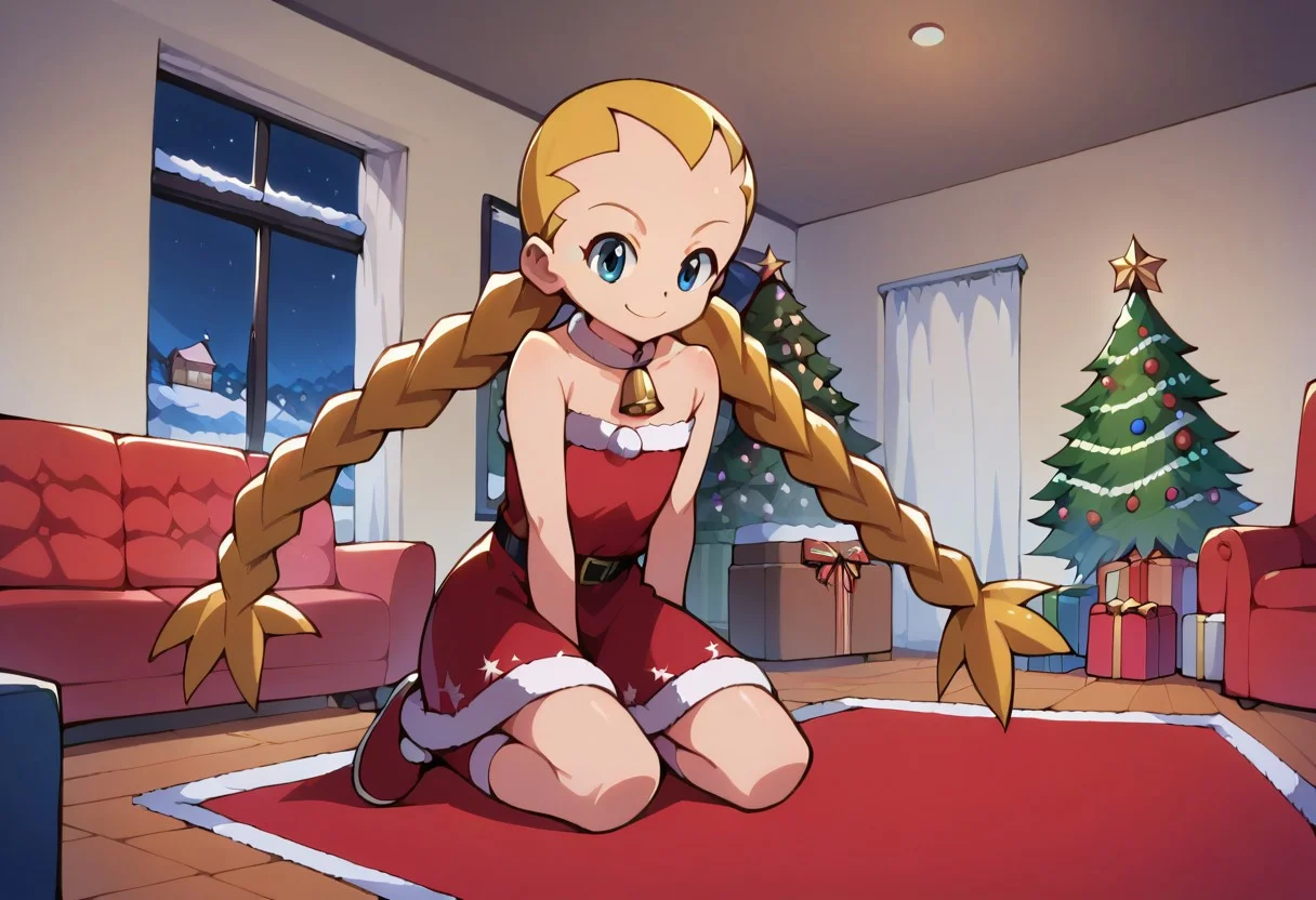 score_9, score_8_up, score_7_up,source_anime, 1girl, solo, Yai Ayanokoji, blonde hair, long hair, twin braids, blue eyes, short, santa dress, bare shoulders, smile,, <lora:Christmas living room:0.7> chrlib, scenery, indoors, living room, night, brick oven, christmas tree, christmas ornaments, red carpet