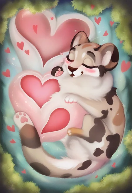 ((hearts in the air, hearts around characters)), A baby ocelot, kneading its mother's fur, his mother sleeping, ((heart-shape bubble in the air)), dense spring forest,
