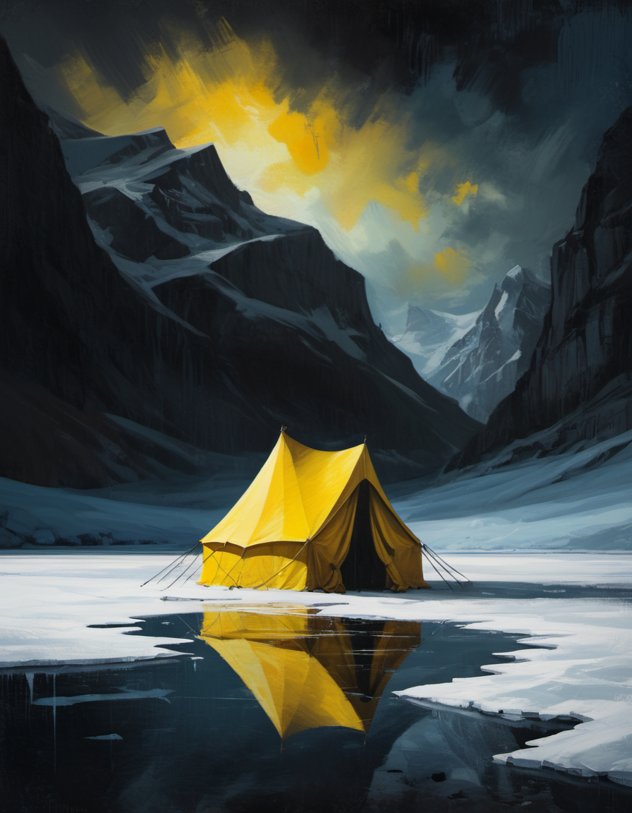 surreal painting of a yellow tent on a frozen lake, dark theme, abstract painting background,  <lora:DiscoDeliriumXL-v1.2:1>