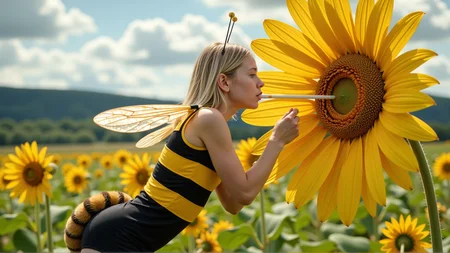 cinematic photo a (25 year old girl:1.5), she has huge bee wings attached to her back and bee antennae attached to her head, she's wearing a( black and yellow:1.2) horizontally striped figure hugging lycra minidress, the dress has a human sized (fuzzy bee abdomen attached sticking out at the butt:1.3)
she has blonde hair in a bob cut, she has a slim figure and long legs, she has medium sized breasts
she's hovering in midair in front of a enormous flower, the flower is bigger than the girl, ready to drink it's nectar through a long straw, the straw is held in her hand with the end (stuck into the flower:1.3)
she's in a meadow of enormous wild flowers,, score_9, score_8_up, score_7_up, hyperdetailed, hyperrealistic, best quality, (masterpiece:1.3),high-definition, intricate details, volumetric lighting, symmetrical face, level eyes, . 35mm photograph, film, bokeh, professional, 4k, highly detailed