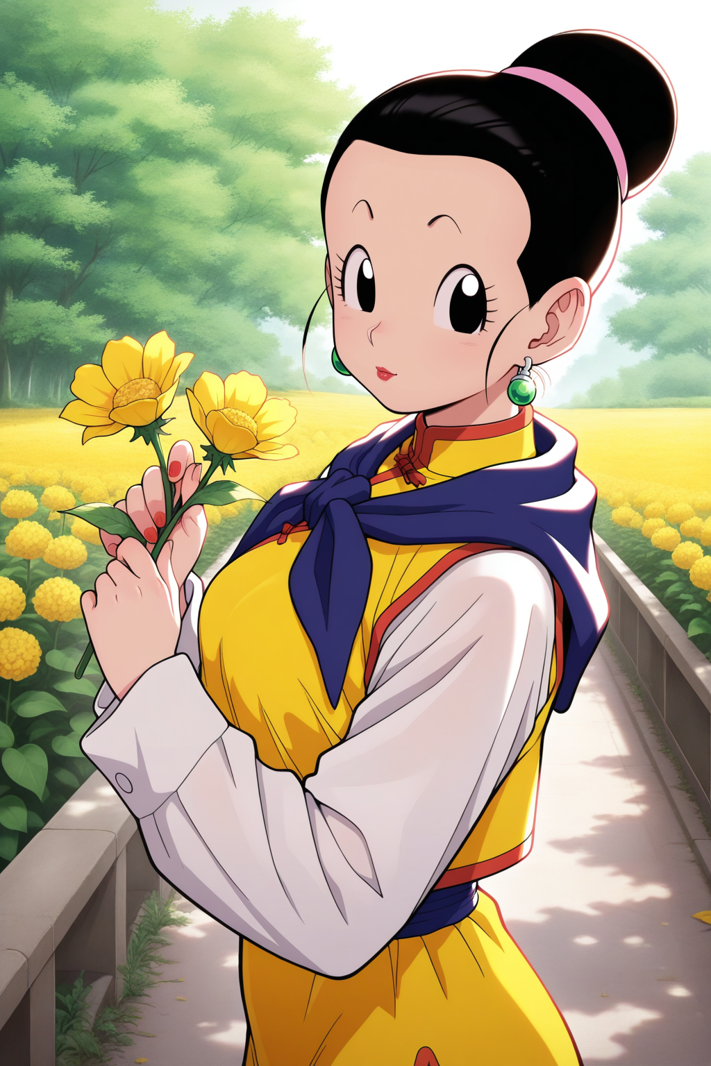 BREAK 1girl, solo, chi-chi, black hair, black eyes, hair pulled back, earrings, single hair bun, red lipstick, holding flowers, original outfit 
masterpiece, best quality, amazing quality, outdoors, perfect fingers