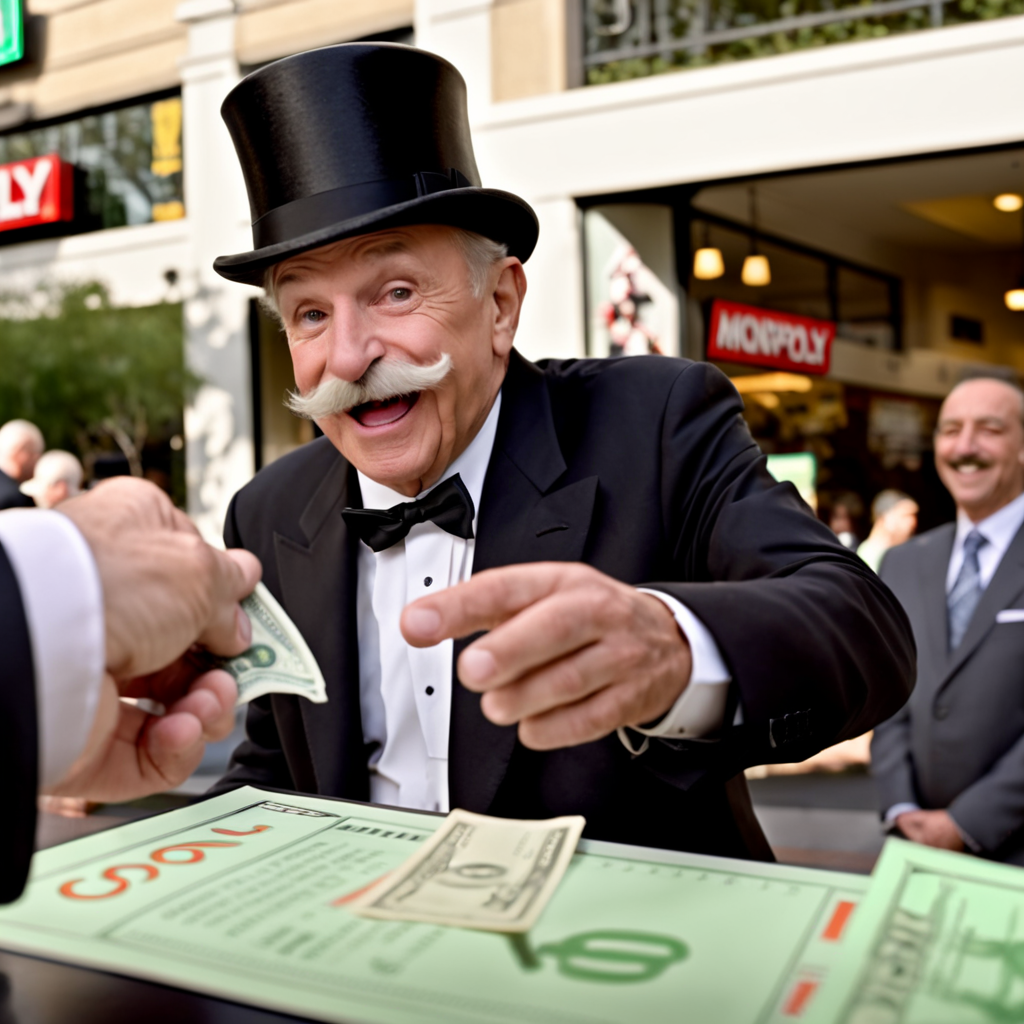 Generate a realistic photo of a hand extending out, offering cash to a man. This elderly gentleman should be portrayed with a prominent mustache, wearing a formal suit and a top hat. The focus is on the exchange, capturing the moment of transaction. The background features a Monopoly-style game board to emphasize the thematic connection. The scene highlights the details of the cash and their expressions, with natural lighting enhancing the realism of the transaction , <lora:cashbaba_xl:0.85>,(dollar), (  real-life interpretation of the iconic Monopoly man )