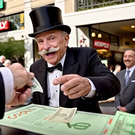 Generate a realistic photo of a hand extending out, offering cash to a man. This elderly gentleman should be portrayed with a prominent mustache, wearing a formal suit and a top hat. The focus is on the exchange, capturing the moment of transaction. The background features a Monopoly-style game board to emphasize the thematic connection. The scene highlights the details of the cash and their expressions, with natural lighting enhancing the realism of the transaction , <lora:cashbaba_xl:0.85>,(dollar), ( real-life interpretation of the iconic Monopoly man )
