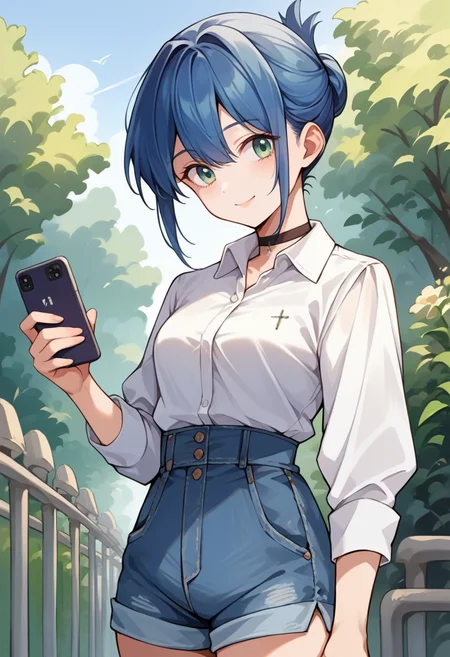 score_9, score_8_up, source_anime, 1girl, solo, KanokoMamiya, green eyes, blue hair, short hair, folded ponytail, white shirt, dress shirt, black choker, holding cellphone, denim shorts, high-waist shorts, outdoors, smile, <lora:ChamKanokoMamiyaPonyXL:1>