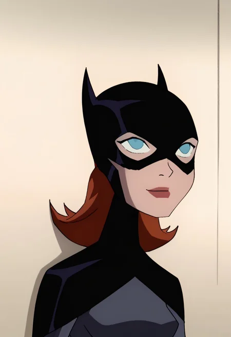 score_9_up, score_8_up, score_7_up, ben10afstyle, Batgirl,1girl,solo,bat ears,black mask,blue eyes,red lips,black bodysuit,cape,medium breast,black gloves,yellow belt,superhero, white eyes, ((no pupils)), closed_mouth, smirk, leaning against wall, arms crossed, simple background