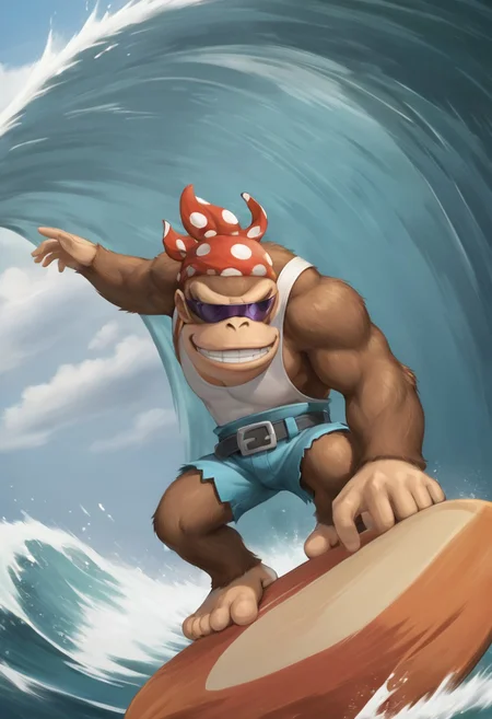 SFW, rating_all, score_10, score_8_up, score_7_up, beautiful, realistic, detailed, perfect, quality, vector, flat colors, masterpiece, dynamic, dynamic pose, funky_kong, gorilla, brown fur, furry arm, furry legs, five fingers, four toes, white tank top, belt, denim shorts, insane detailed, (dynamic pose), (extreme angle), incrssurfing, surfing, (surfboard:0.8)