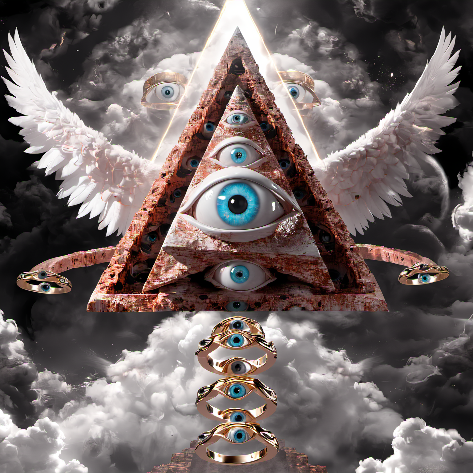 seraphins, a mystical creature with hundreds of eyes and wings with the shape of a pyramid, surrounded by 2 layers of rings full of eyes, eerie, horror, background angelic clouds, sunlight <lora:Seraphins1.0-000038:0.8>