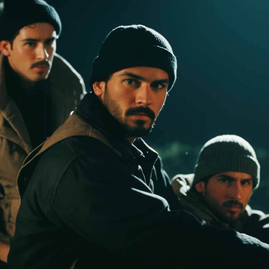 cinematic film still of  <lora:1990's style:1.2>
In the 1990's two men in a water behind a boat with a gun staring at camera at night,black hair,hat,male focus,multiple boys,2boys,facial hair,realistic,beanie , realistic,realism, detailed, perfection,perfect,filmic,retro,vintage,classic,different haircut,different look,different style,different people, 1990's style , 1990 style, shallow depth of field, vignette, highly detailed, high budget, bokeh, cinemascope, moody, epic, gorgeous, film grain, grainy