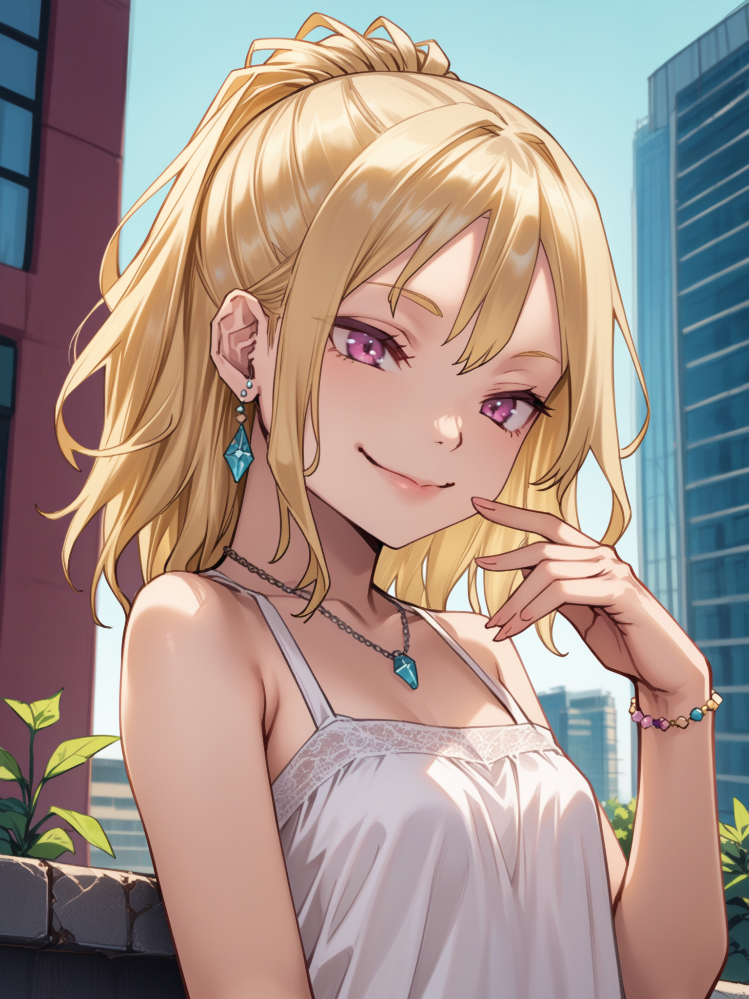 (upper body, solo focus:1.2) <lora:happy_tentacle-fuyuno-v0.3-000021:1>, ht_fuyuno, blonde hair, (petite:1.2), <lora:Shed_The_Skin's StS_age_slider_v1_initial_release:-1.2> ( :1.1) jewelry, necklace, earrings, bracelet ( , , ( :1.2) , seductive smile , (looking down:1.2) :1.2) , outdoors, vegetation, ( :1.1), summer , (dawn :0.6), , (:0.5), , (science fiction :0.9), cityscape, rooftop ( :0.8) score_9, score_8_up, score_7_up, score_6_up, score_5_up, score_4_up, ( [(realistic, photorealistic:1.3):(realistic:1.2):16] [(3d:1.2)::14] :1) <lora:LUUNA's Lunas-NijiJourney-SDXL-B2:0.35>, nijijourney <lora:prgfrg23's Counterfeit-V3.0 Style SDXL_LoRA_Pony Diffusion V6 XL:0.5> <lora:mfcg's mfcgXL:0.12> <lora:reweik's gyokai(himehajime)_PonyXL_style_v01:0.14>