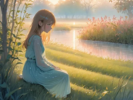 Title: "Morning's First Light: A Portrait of Serenity Amidst Dawn"
ArtStyle: Colored Pencil Drawing
- Texture: Gentle and nuanced, capturing the subtlety of early morning light
- Color Palette: Soft, warm hues of sunrise â oranges, pinks, and light yellows, blending with the cooler morning blues and greens
SceneDescription:
- Overall Scene: A wider landscape view, depicting a serene early morning setting
- Subject: The same person, now viewed from a moderate distance, still in profile with a gentle smile
- Position: Seated or standing in a tranquil outdoor setting, possibly on a bench or near a balcony
- Appearance: Silhouetted subtly against the morning light, maintaining the soft, ethereal quality
- Surroundings:
- Nature: Dew-kissed grass, delicate flowers with soft colors, and trees with leaves gently rustling in the morning breeze
- Sky: A majestic, softly lit sky with hues of pink and orange, blending into the light blue of early morning
- Wildlife: Birds in early flight or perched on branches, adding a sense of awakening life
- Lighting: The sun, just peeking over the horizon, casting a gentle, diffused light across the scene
- Foreground:
- Elements: Dewdrops glistening on grass and leaves, enhancing the freshness of the morning
- Shadows: Long, soft shadows stretching across the scene, adding depth and tranquility
Mood: A sense of peaceful awakening and the quiet joy of a new day, as captured in the serene beauty of dawn's first light