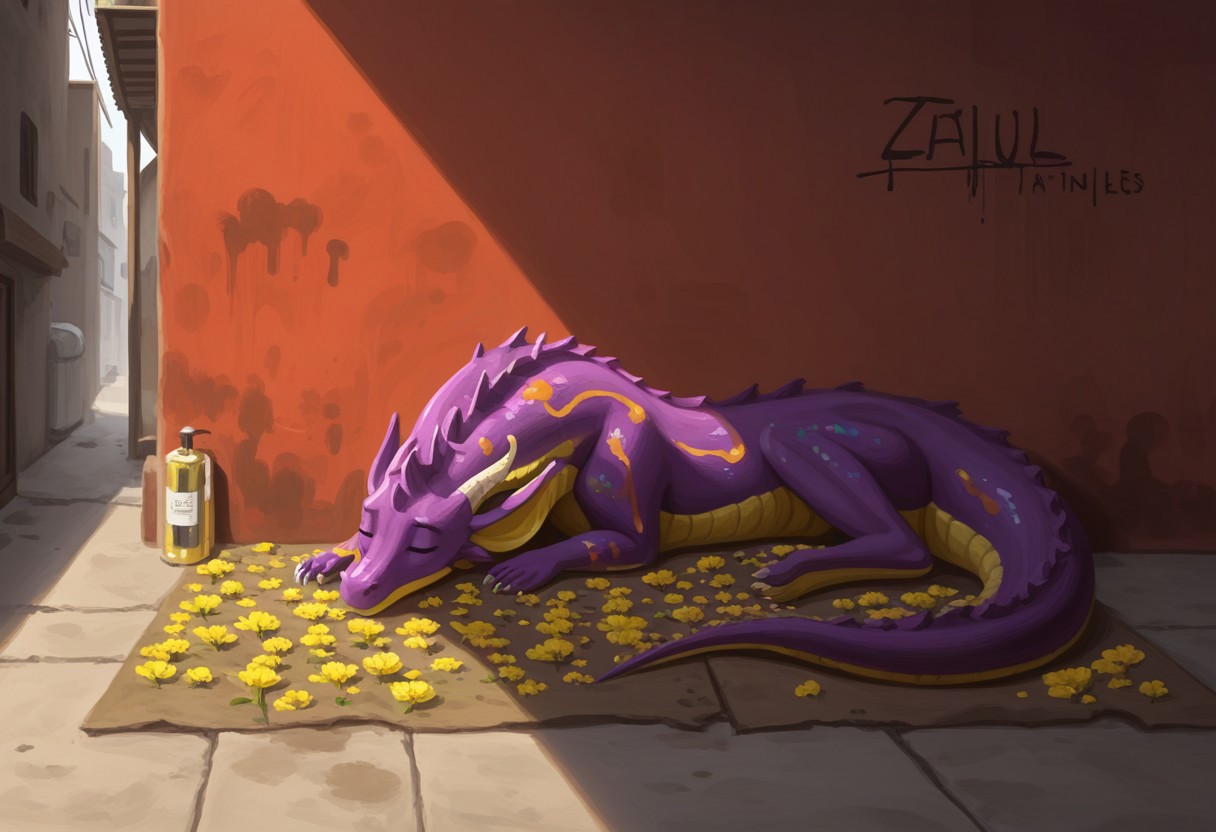 a sleeping purple dragon sleeping in an alley full of yellow flowers. the medium is oil paint,there are thick brush strokes in the painting also thick paint and glaze in certain areas of the painting. the art is in thestyle of Geoffroy Thoorens.