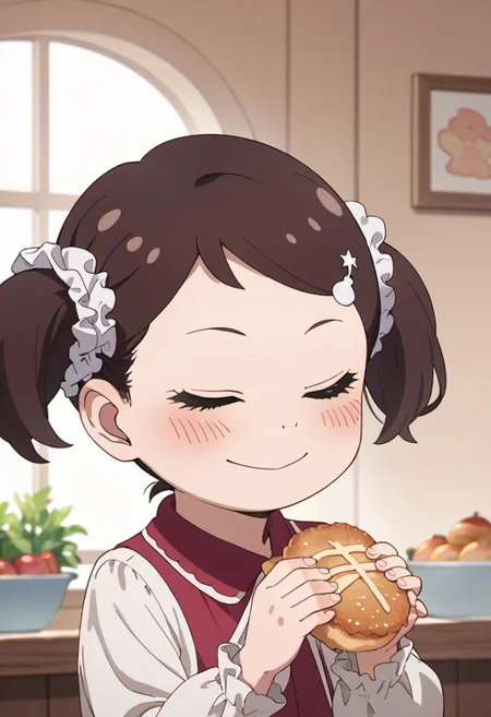 score_9, score_8_up, score_7_up, source_anime, becky blackbell, female child, child, brown hair, short twintails, 1girl, twintails, closed eyes, hair ornament, solo, smile, blush, scrunchie, food, short hair, closed mouth, holding food