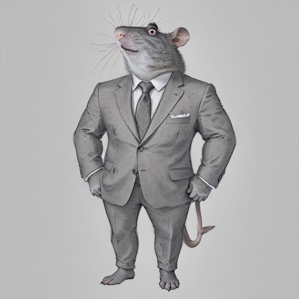 (roided randal:1.3), full body, smokling, tie, white background, anthropomorphic rat