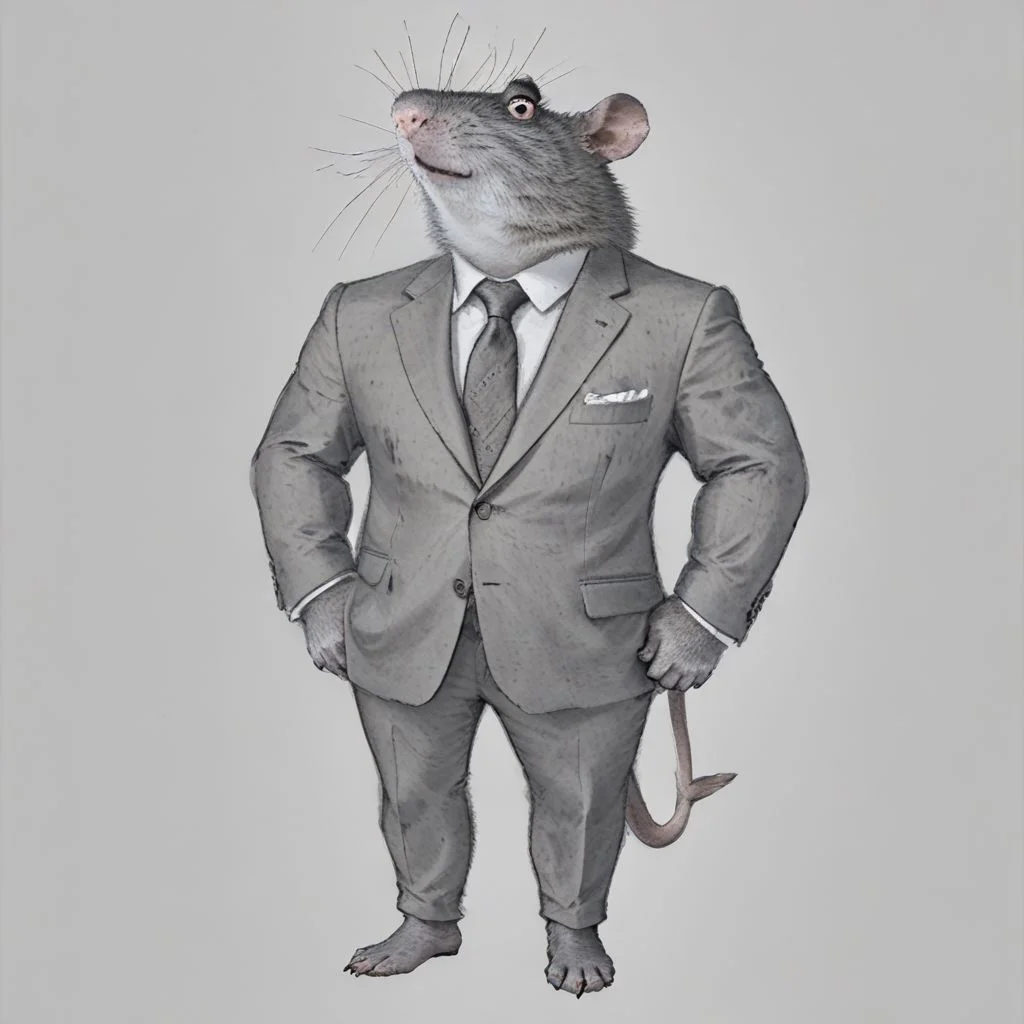 (roided randal:1.3), full body, smokling, tie, white background, anthropomorphic rat