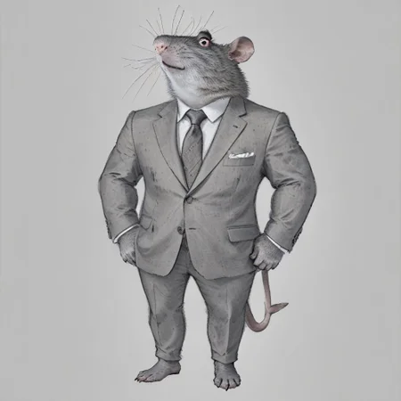 (roided randal:1.3), full body, smokling, tie, white background, anthropomorphic rat