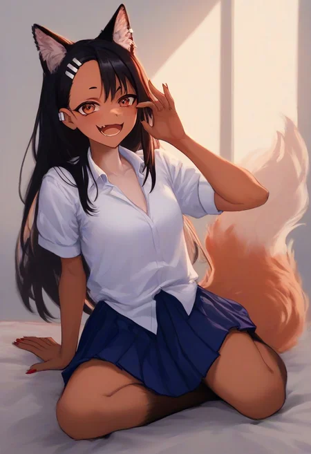 score_9, score_8_up, score_7_up, high res, best quality,(( fox)), Nagatoro Hayase, fox face, long hair, bangs, black hair, hair ornament, brown eyes, hairclip, fang, dark skin, dark-skinned female, tan, skirt, shirt, school uniform, white shirt, pleated skirt, nail polish, blue skirt, red nails, earclip, fluffy_new_year, merry_furistmas, full body, <lora:Fluffy_New_Year__Merry_Furistmas:1>