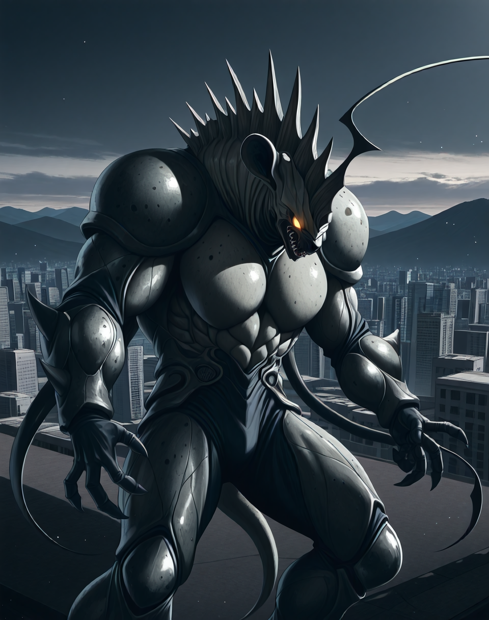 score_9, score_8_up, score_7_up,
<lora:Hyper_Zoanoid_(Guyver)_(Illustrious)_(AD):1.5> Hyper Zoanoid, Guyver, monster, 
exterior, science fiction, mountains, city skyline, sky with anime clouds,
cowboy shot, bent knee, dynamic action, 
colored body, glowing eyes, dominating, powerful, solo, stocky, bulky, thick armored hide, hyper muscular, hyena, 
BREAK Smooth Quality, IllusP0s, lazyhand, lazympos, lazynsfw,