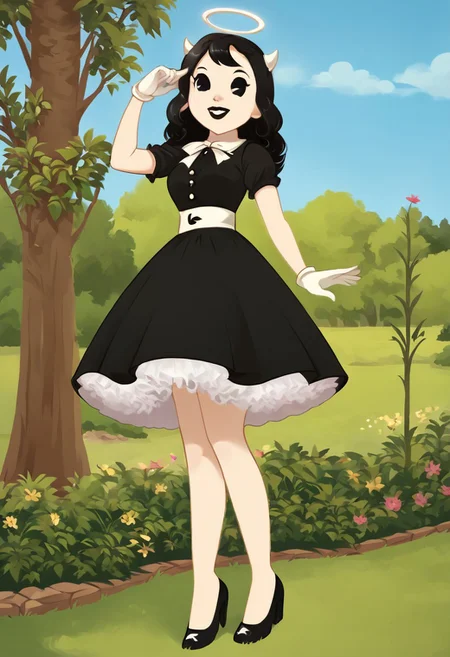 (Masterpiece, best quality:1.2), score_9, score_8_up, flat color, flat shading, soft shading, lighting, Alice Angel in a 1950's dress with a button down top, a fluffy frilly ruffled full petticoat, and high heels, dress, layered petticoat, frilly petticoat, fluffy petticoat, full petticoat, wide dress, flowing dress, solid colored skirt, short sleeves, black hair, Bendy and The Ink Machine, series accurate, cute, best high quality, high res, black lips, white colored skin, whole body shot, 1girl, solo, outside, standing straight, in a garden, cute, adorable, smile, low angle upskirt shot, cartoon, cartoon style, vector, solo, circle dress, 1950s, alice angel