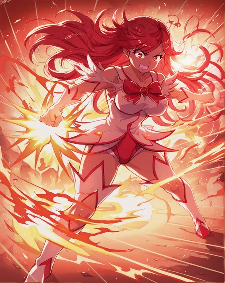 1girl, solo, magical girl, punching, smile, magic, backlighting, fire, red hair, long hair, large breasts, red eyes, <lora:mgcm:0.8>