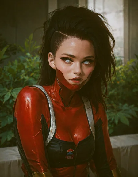 score_10,score_9,score_8_up,score_7_up, 1girl, black hair, dangerous, ponytail, white eyes, red outfit, <lora:cyberpunk_tiger_claws_woman:0.75>