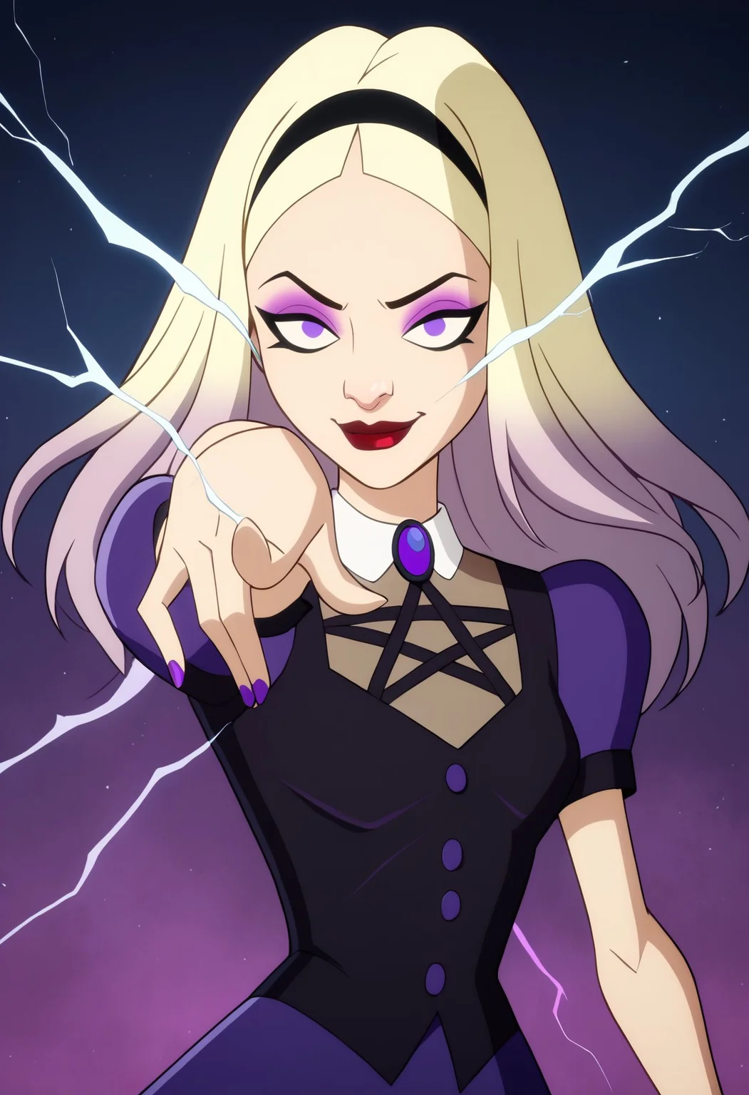 score_9, score_8_up, score_7_up, score_6_up BREAK, pointing electricity, magic, aura, glowing, 1girl, smug, blonde hair, black hairband, nose, makeup, red lips, purple eyes, long hair, dress, gradient hair, puffy short sleeves, thighhighs, goth boots,mal1c3-dh <lora:add-detail-xl:0.5> <lora:Malice_-_Kite_Man:0.7> <lora:only_my_railgun_pony:1>