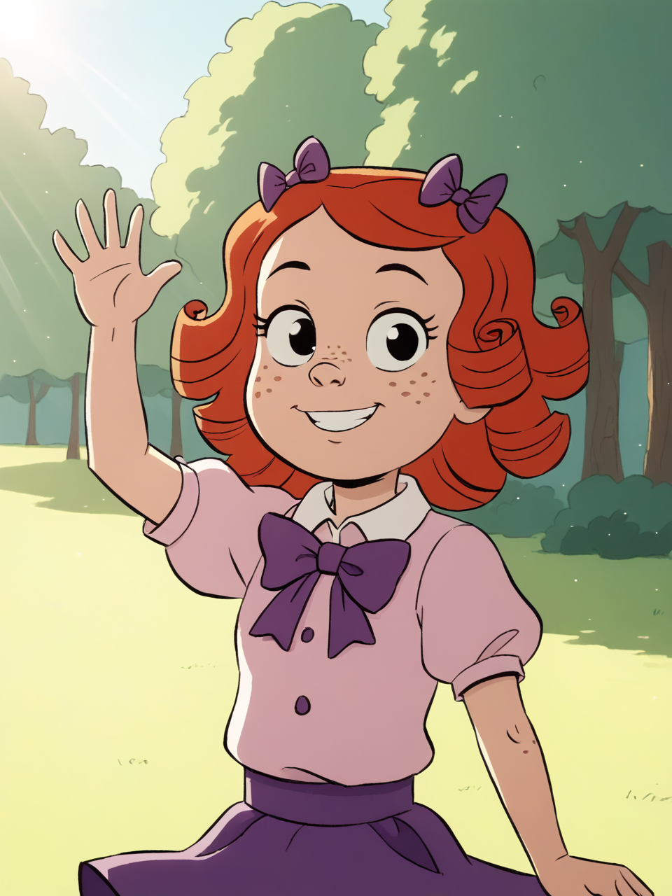 score_9, score_8_up, score_7_up, score_6_up, BREAK, M4rg4r3t, 1girl, solo, red hair, curly hair, freckles, purple bow, pink shirt, purple skirt, outdoor, smile, upper body, raise left arm, day, outdoor, waving, looking at viewer, sunlight, shadows, natural lighting, sunlight, light particles, light rays, sunbeam, dappled sunlight  <lora:Margaret_Wade_P:0.8>