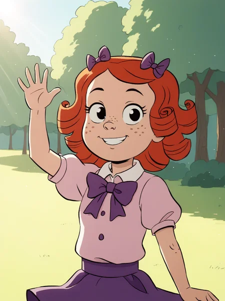 score_9, score_8_up, score_7_up, score_6_up, BREAK, M4rg4r3t, 1girl, solo, red hair, curly hair, freckles, purple bow, pink shirt, purple skirt, outdoor, smile, upper body, raise left arm, day, outdoor, waving, looking at viewer, sunlight, shadows, natural lighting, sunlight, light particles, light rays, sunbeam, dappled sunlight <lora:Margaret_Wade_P:0.8>