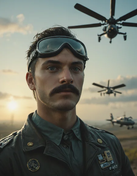 1man, a pilot big moustache, clad in a pilotâs jacket and goggles, gazing into the distance. In the backdrop, two helicopters fly low, with beams of sunlight breaking through the clouds, <lora:EldritchCandids1.1.2:0.4> <lora:real_dream_pony_realistic_lora_3:0.4> <lora:MJ52:0.3> <lora:FF.101.juggernautXL_version6Rundiffusion.LORA:0.4> <lora:JuggerCineXL2:0.3>, Necropunk art style, dark and macabre, blending of death and technology, eerie and unsettling imagery, explores themes of mortality and decay, unique and thought-provoking concepts