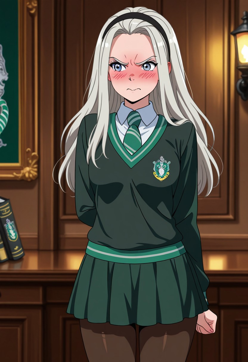 anime coloring, 1girl, long hair, platinum hair, grey-blue eyes, fem!Draco Malfoy, hairband, jewerly, Slytherin school uniform, skirt, starrying at Potter, blush, aristocratic, slytherin, embarrassed, angry, mini skirt, pantyhose
