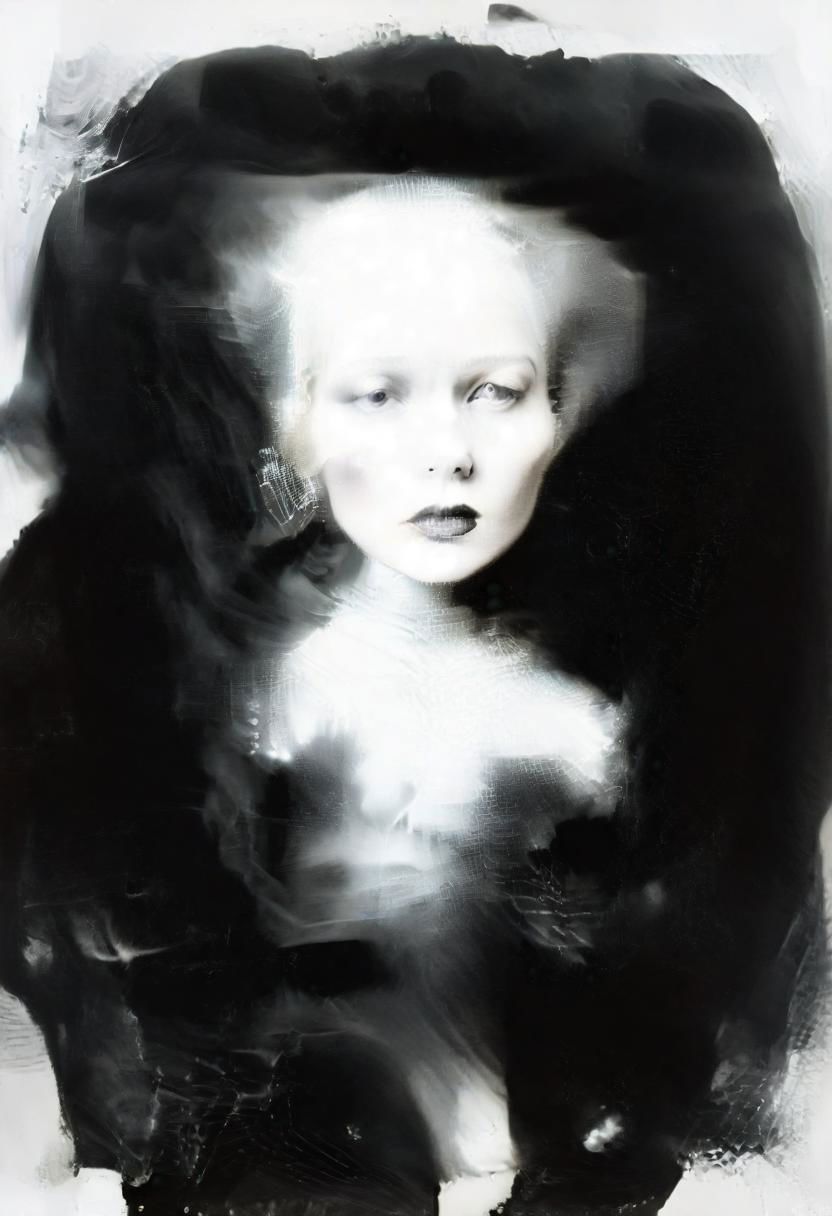 Monochrome black and white, Dali, Magritte, Delvaux, Bellmer, Malevitch, Rodchenko, Mondrian, Kandinsky, Popovna, psychedelic hallucination, pop surrealism, rough crosshatch drawing pop art Lunatic_Portrait of a young woman in latex Avant-garde Fashion page, slick back, low bun, black makeup, sinister expression, intense glare, avant-garde, abstract, weird, geometric, constructivism, suprematism, rayonism, verticism, lineism, tj