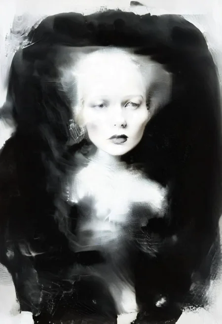 Monochrome black and white, Dali, Magritte, Delvaux, Bellmer, Malevitch, Rodchenko, Mondrian, Kandinsky, Popovna, psychedelic hallucination, pop surrealism, rough crosshatch drawing pop art Lunatic_Portrait of a young woman in latex Avant-garde Fashion page, slick back, low bun, black makeup, sinister expression, intense glare, avant-garde, abstract, weird, geometric, constructivism, suprematism, rayonism, verticism, lineism, tj