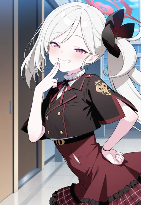 masterpiece, best quality, high resolution, source_anime, highly detailed illustration, detailed eyes,
very aesthetic, absurdres, newest, amazing quality, anime screencap,
1girl, solo, mutsuki \(blue archive\), official art, school, leaning forward, hand on own hip,
<lora:shiSeduciveFingerV1ill:0.45> shisedupose, fingers to lips, depth of field, from side,
looking at viewer, half-closed eyes,
smile, laughing, smug,