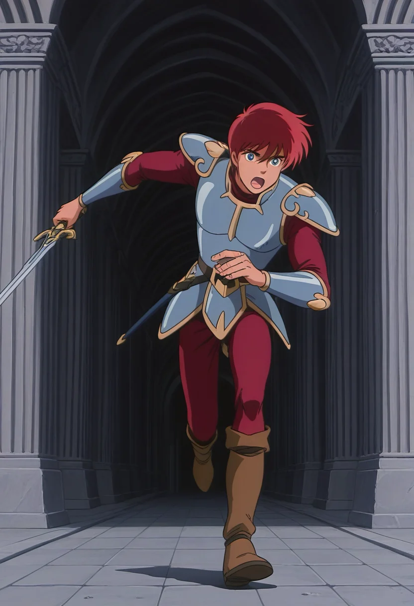 1boy, solo, adolysiova, red hair, blue eyes, armor, red shirt, vambraces, red pants, boots, holding sword, serious, full body, running, open mouth, indoors, temple,