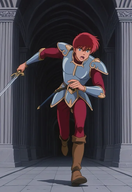 1boy, solo, adolysiova, red hair, blue eyes, armor, red shirt, vambraces, red pants, boots, holding sword, serious, full body, running, open mouth, indoors, temple,