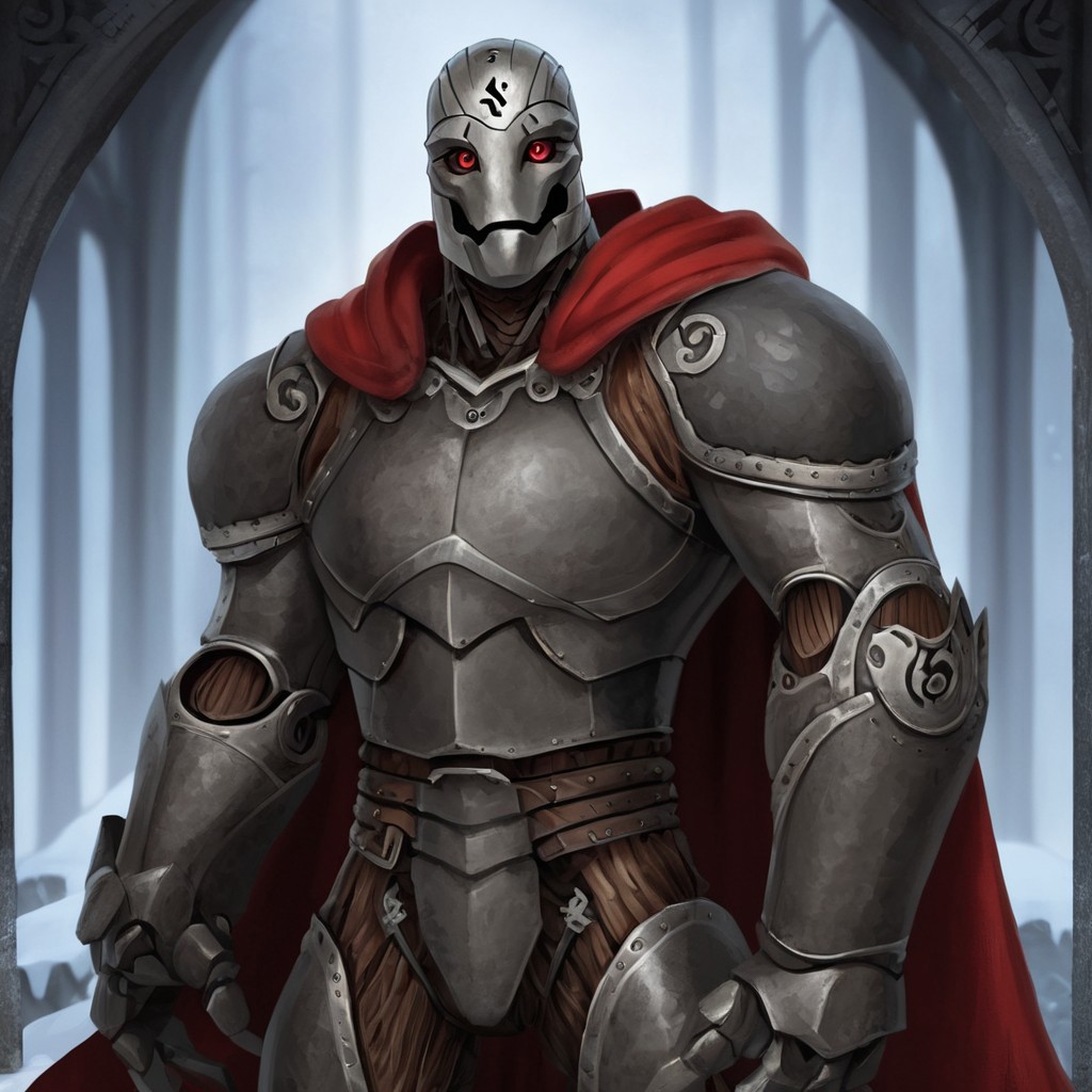 (((detailed, beautiful, high quality))), score_9, score_8_up, score_7_up, upper body, solo, 
warforged, robot monster, metal body, black sclera, rune on forehead, wooden hinges,
1 male, red eyes, black skin, red cape,
looking at the viewer, posing, 
fantasy background, blurred background,