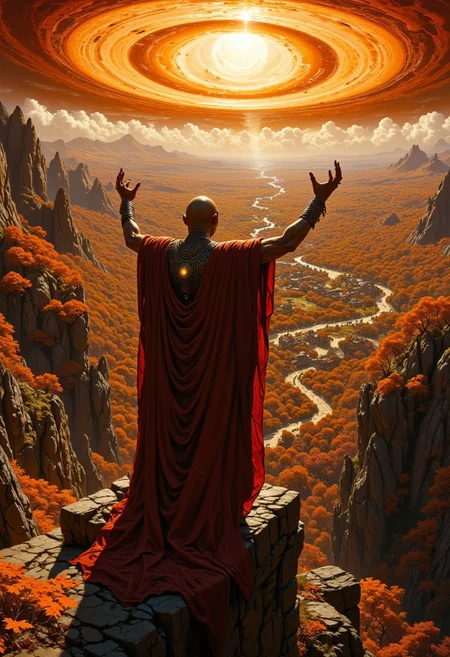 A majestic orc elder, dressed in flowing ceremonial robes of deep reds and burnt oranges, stands atop a cliff overlooking a vast autumn forest. His hands are raised to the sky, conducting a powerful spell as swirling orange leaves gather around him in a vortex. The distant sun is setting, casting long shadows over the forest below, where stone ruins and forgotten paths hint at ancient civilizations. The vibe is powerful and reverent, with a connection to both the natural world and long-lost magic.