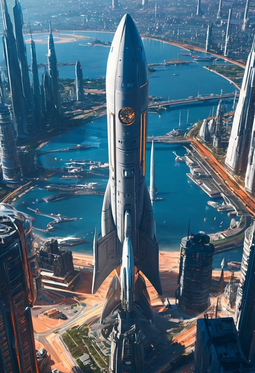 Masterpiece, best quality, UHD, 16k, high res,
futuristic city, territory of launch place, start of space ship, day,
epic, dynamic colors, warm colors