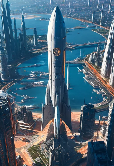 Masterpiece, best quality, UHD, 16k, high res,
futuristic city, territory of launch place, start of space ship, day,  
epic, dynamic colors, warm colors