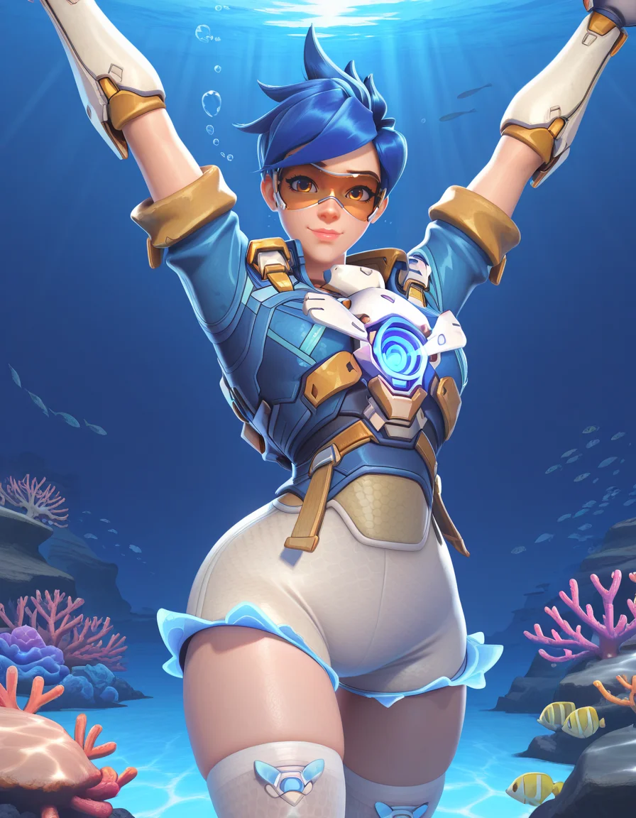 Masterpiece, high-res, 2k, best quality, 2.5d, 1girl, hero of heart, tracer (overwatch) , googles, harness, cowboy shot<lora:Hero_of_Heart_Tracer_Illus-000037:1> Legs up arms extended over her head, Dreamy underwater world with colorful coral reefs and tropical fish
