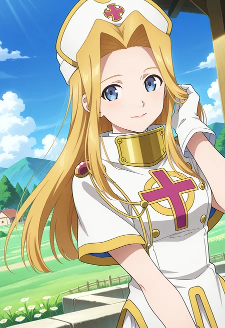 village, trees, clouds, day, flowers,
BREAK,
light smile, hand on hair, looking away,
cowboy shot, upper body, dynamic angle,
BREAK,
<lora:minti_illustriousXL_v04:0.95>
mintbase, blonde hair, long hair, blue eyes, parted bangs, white cap, white headwear,
white dress, short sleeves, white gloves, priestess, cleric, white robe, gold trim, high collar,
white footwear, white shoes,, source_anime, very aesthetic, anime coloring, masterpiece,
best quality, amazing quality, ultra detailed, very aesthetic,
detailed background,
BREAK,
