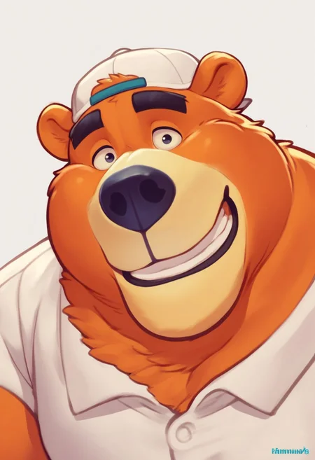 score_5_up, score_6_up, score_7_up score_8_up, score_9, 1boy, male, bear, White polo shirt, backward cap, smiling, face shot, plump, showing teeth