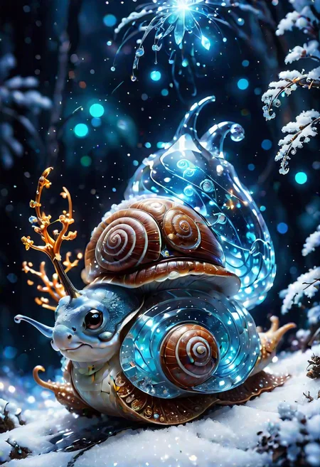 a cute crystaline snail , sparks, glowing, winter theme, snow,